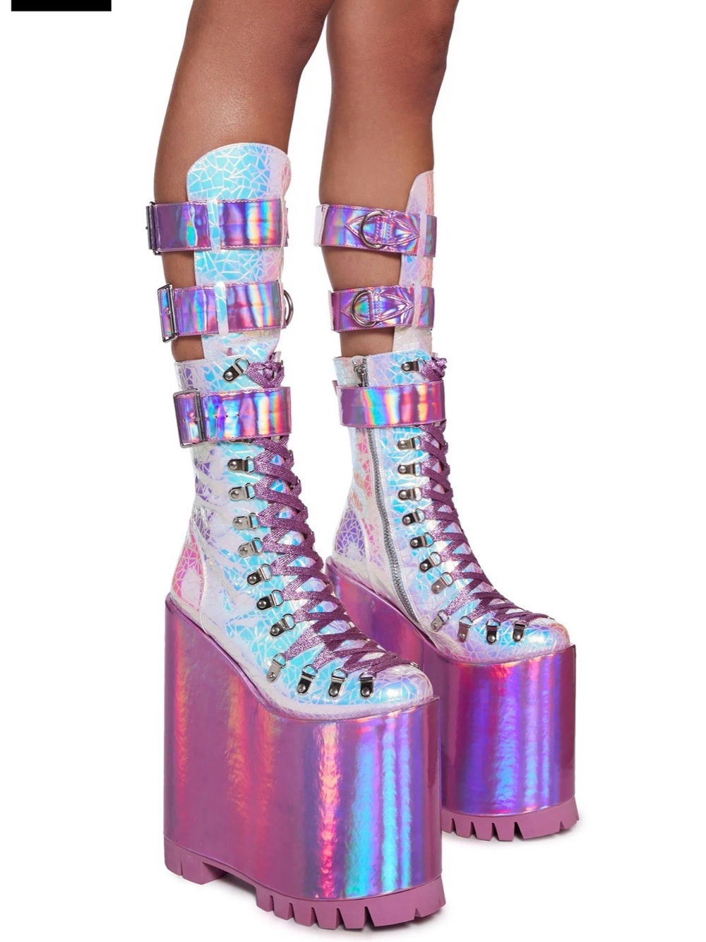 CLUB EXX IRIDESCENT MEGA TRAITOR BOOTS Holographic Pink Boots